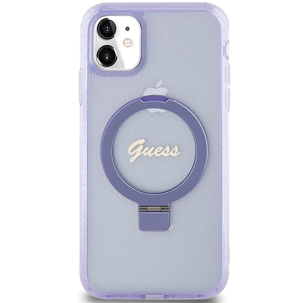 Guess Ring Stand Script Glitter MagSafe dėklas iPhone 11 / XR, violetinis