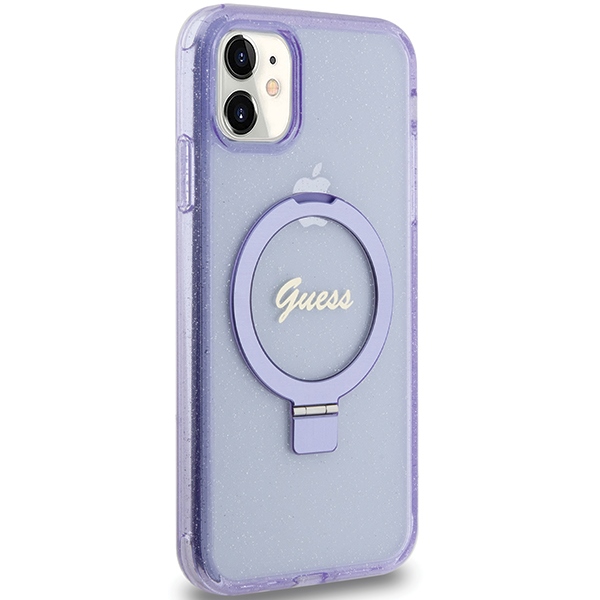 Guess Ring Stand Script Glitter MagSafe dėklas iPhone 11 / XR, violetinis