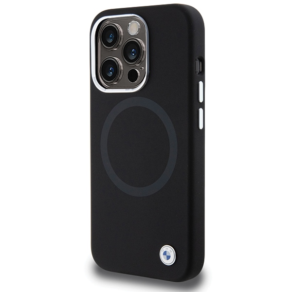 BMW Signature Liquid Silicone MagSafe dėklas iPhone 15 Pro Max telefonui, juodas