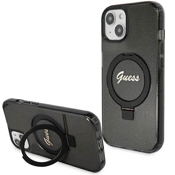 Guess Ring Stand Script Glitter MagSafe dėklas iPhone 13 / 14 / 15, juodas