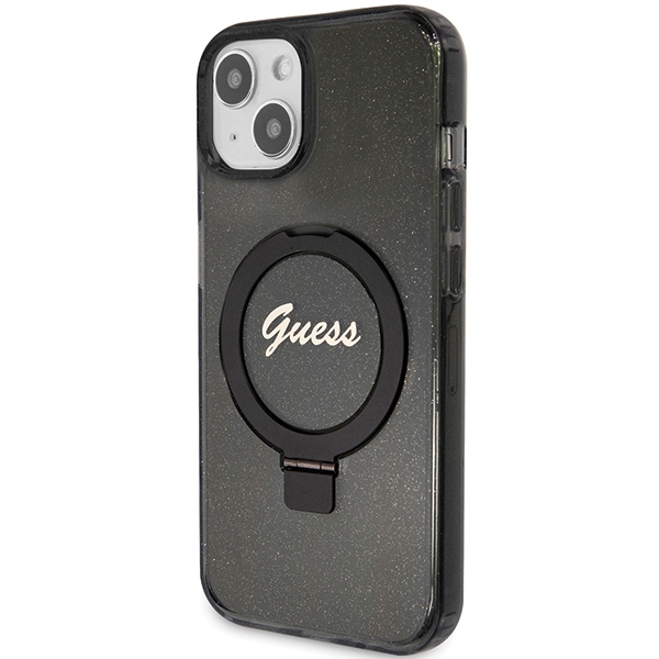 Guess Ring Stand Script Glitter MagSafe dėklas iPhone 13 / 14 / 15, juodas