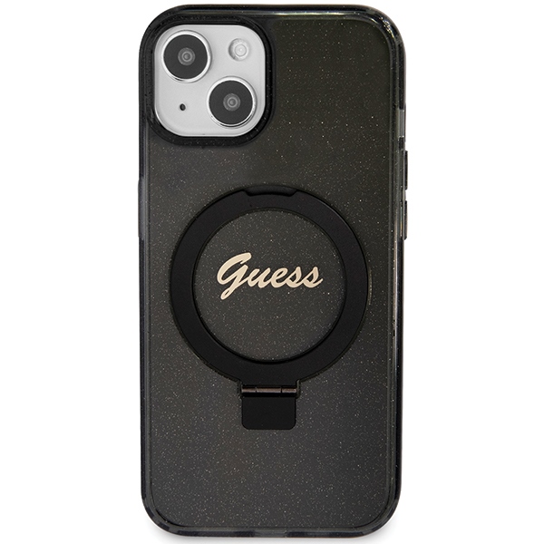 Guess Ring Stand Script Glitter MagSafe dėklas iPhone 13 / 14 / 15, juodas