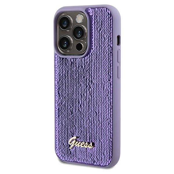 Guess dėklas iPhone 13 / 13 Pro modeliams Sequin Script Metal, violetinis