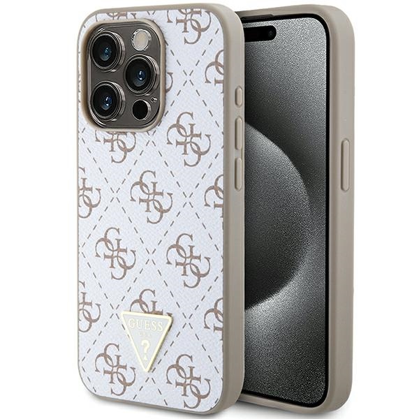 Guess 4G Triangle Metal Logo dėklas iPhone 15 Pro telefonui, baltas