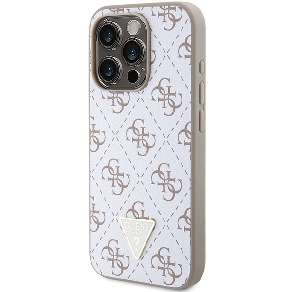 Guess 4G Triangle Metal Logo dėklas iPhone 15 Pro telefonui, baltas