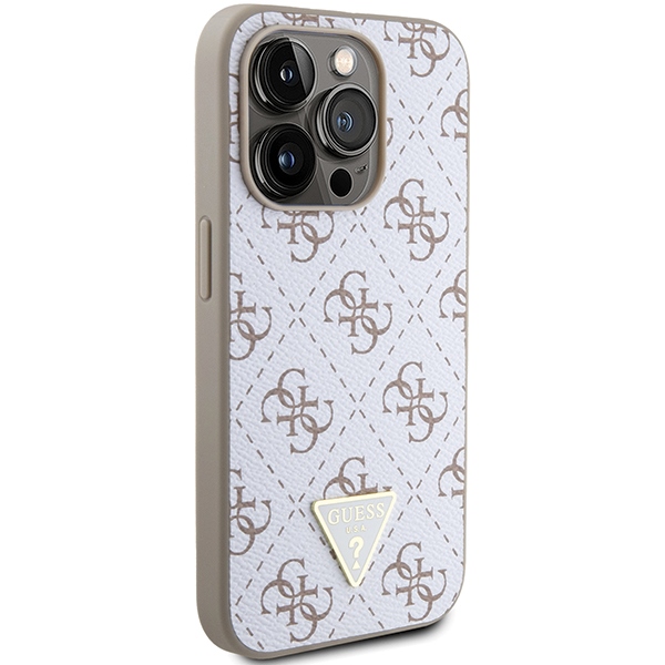 Guess 4G Triangle Metal Logo dėklas iPhone 15 Pro telefonui, baltas