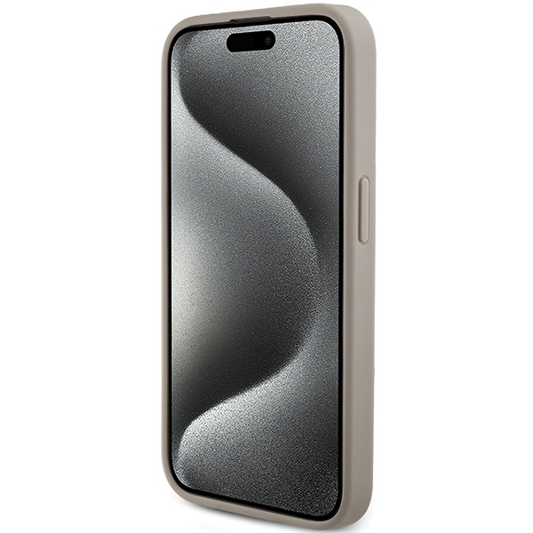 Guess 4G Triangle Metal Logo dėklas iPhone 15 Pro telefonui, baltas