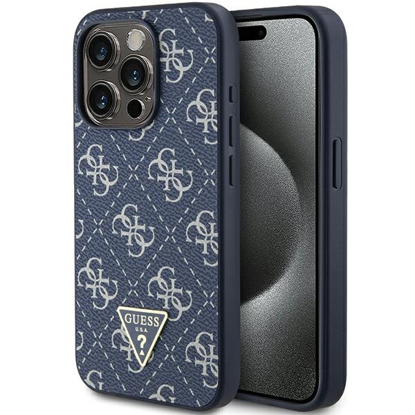 Guess dėklas iPhone 15 Pro telefonui, 4G Triangle Metal Logo, mėlynas