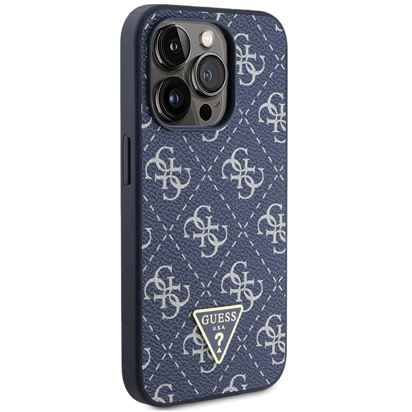 Guess dėklas iPhone 15 Pro telefonui, 4G Triangle Metal Logo, mėlynas