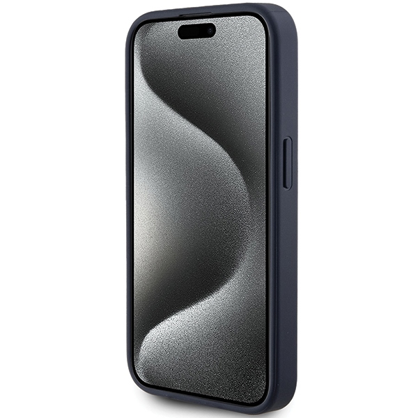 Guess dėklas iPhone 15 Pro telefonui, 4G Triangle Metal Logo, mėlynas