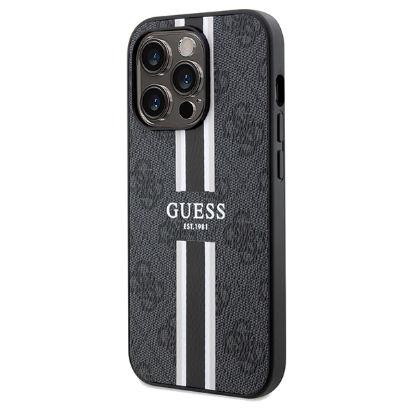 Guess dėklas iPhone 15 Pro Max telefonui 4G Printed Stripes MagSafe, juodas
