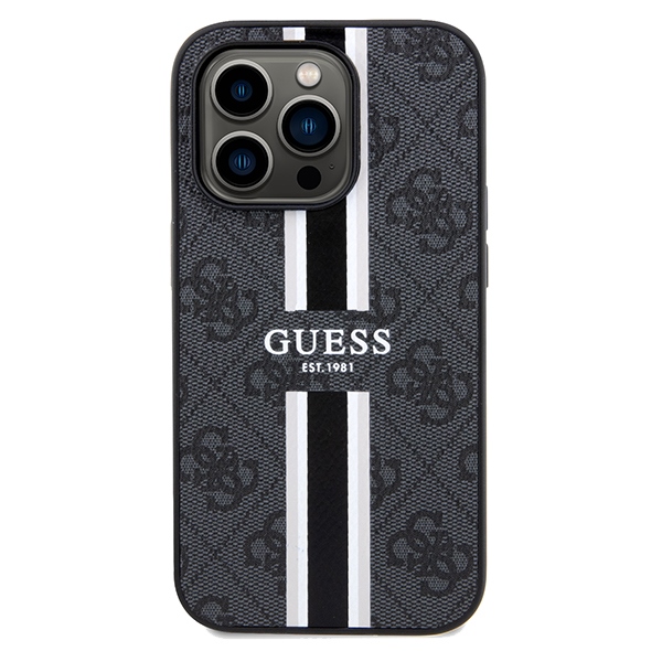 Guess dėklas iPhone 15 Pro Max telefonui 4G Printed Stripes MagSafe, juodas