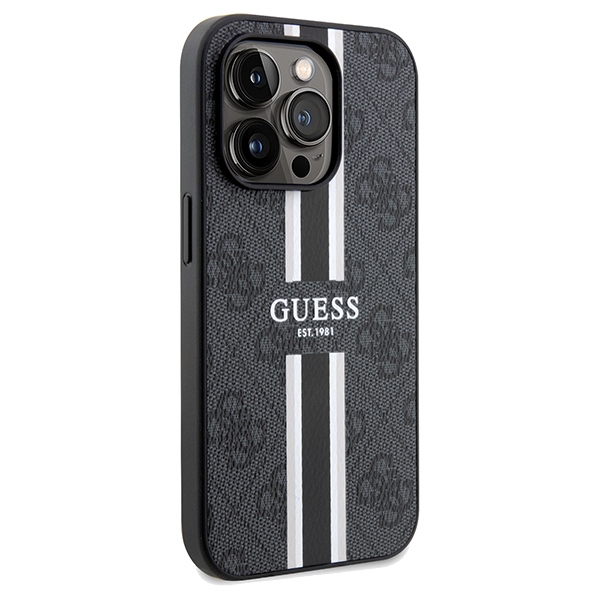 Guess dėklas iPhone 15 Pro Max telefonui 4G Printed Stripes MagSafe, juodas