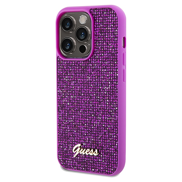 Guess Disco Metal Script dėklas iPhone 14 Pro telefonui, fuksijų spalvos