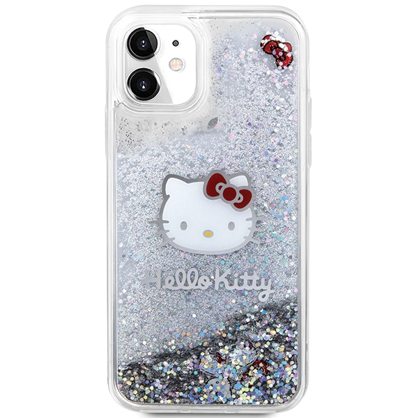 Hello Kitty dėklas iPhone 11 / XR telefonui Liquid Glitter Charms, sidabrinis