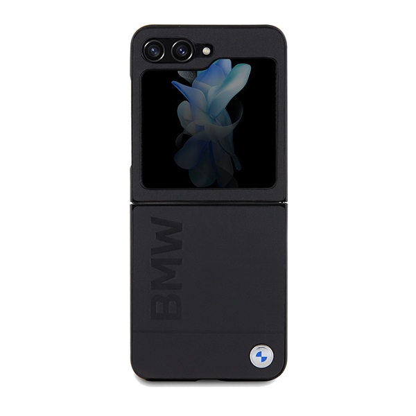 BMW Leather Hot Stamp dėklas, skirtas Samsung Galaxy Z Flip 5, juodas