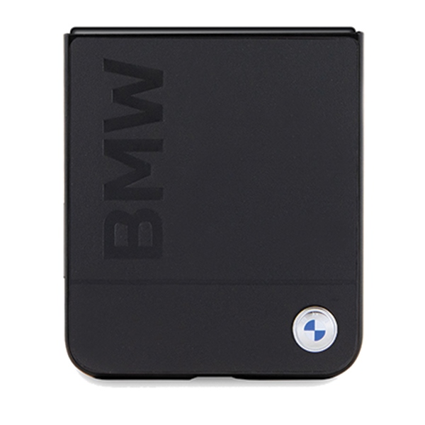 BMW Leather Hot Stamp dėklas, skirtas Samsung Galaxy Z Flip 5, juodas