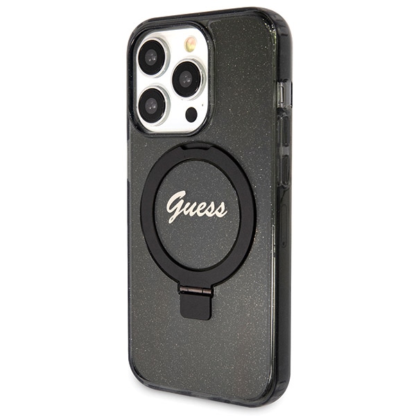Guess Ring Stand Script Glitter MagSafe dėklas iPhone 13 Pro Max, juodas
