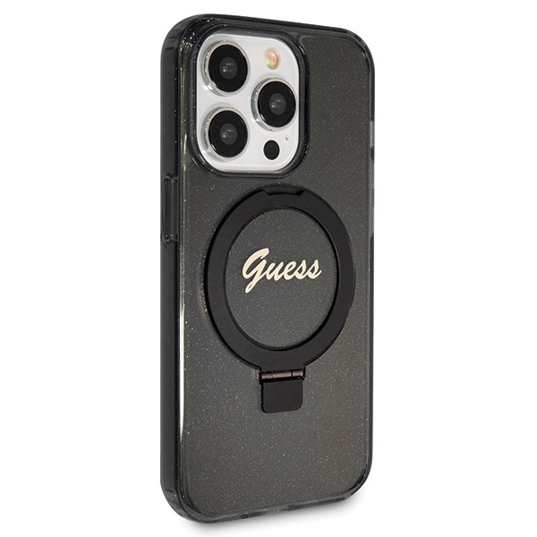 Guess Ring Stand Script Glitter MagSafe dėklas iPhone 14 Pro Max, juodas