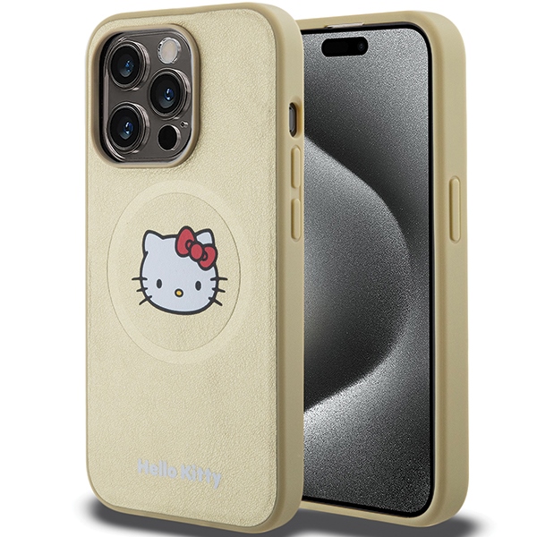 Hello Kitty dėklas iPhone 14 Pro telefonui Leather Kitty Head MagSafe, auksinis