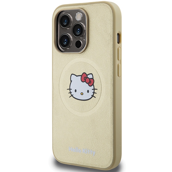 Hello Kitty dėklas iPhone 14 Pro telefonui Leather Kitty Head MagSafe, auksinis