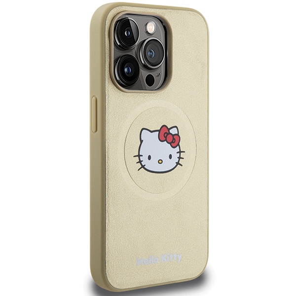 Hello Kitty dėklas iPhone 14 Pro telefonui Leather Kitty Head MagSafe, auksinis