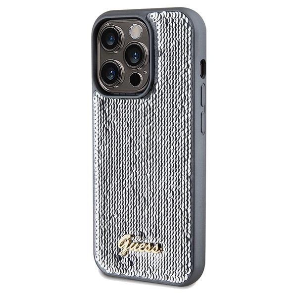 Guess dėklas iPhone 14 Pro telefonui Sequin Script Metal, sidabrinis