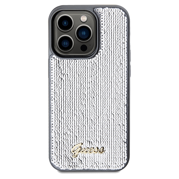 Guess dėklas iPhone 14 Pro telefonui Sequin Script Metal, sidabrinis