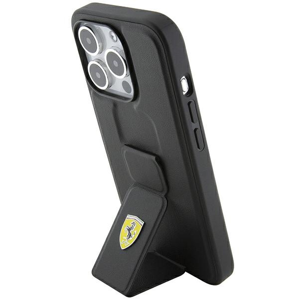Ferrari dėklas iPhone 15 Pro telefonui Grip Stand Metal Logo, juodas