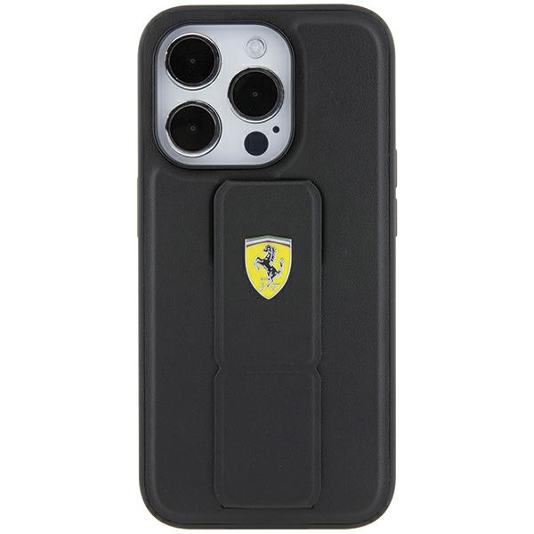 Ferrari dėklas iPhone 15 Pro telefonui Grip Stand Metal Logo, juodas