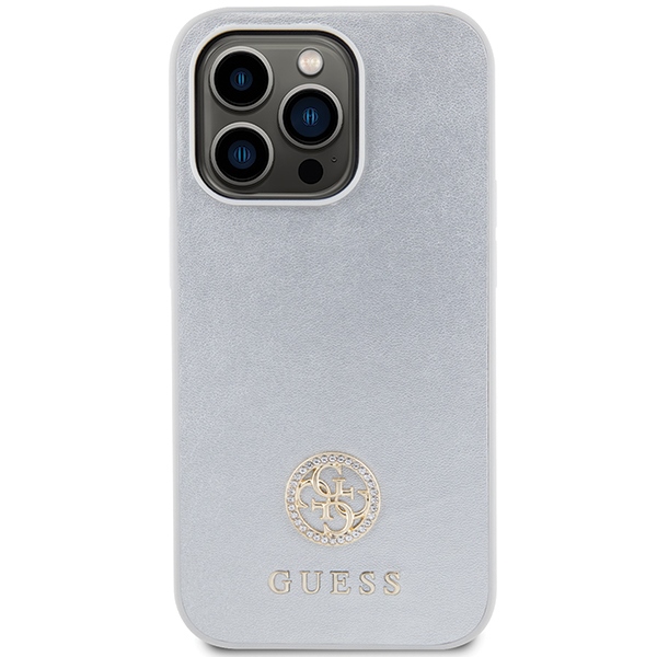Guess dėklas iPhone 15 Pro telefonui 4G Strass Metal Logo, sidabrinis