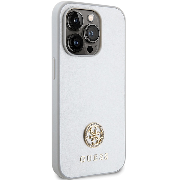 Guess dėklas iPhone 15 Pro telefonui 4G Strass Metal Logo, sidabrinis
