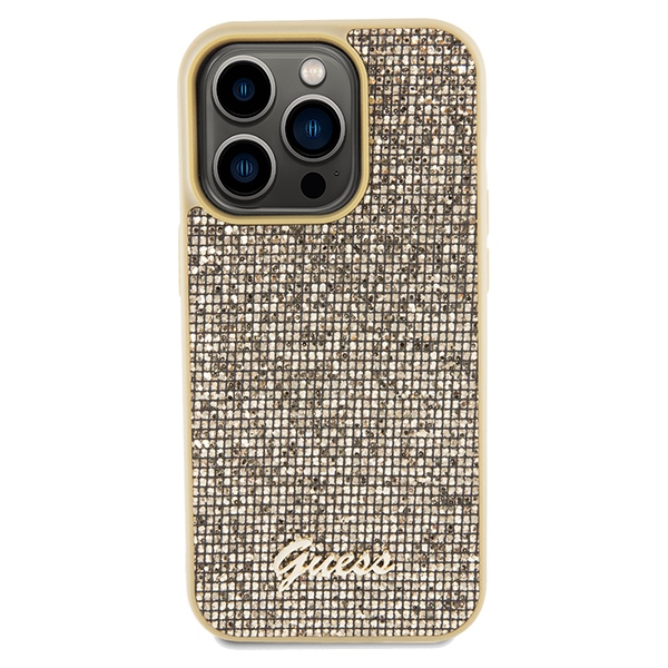 Guess dėklas iPhone 14 Pro Max telefonui Disco Metal Script, auksinis