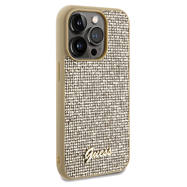 Guess dėklas iPhone 14 Pro Max telefonui Disco Metal Script, auksinis