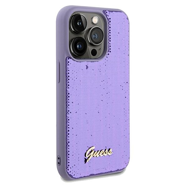 Guess iPhone 14 Pro dėklas Sequin Script Metal, violetinis