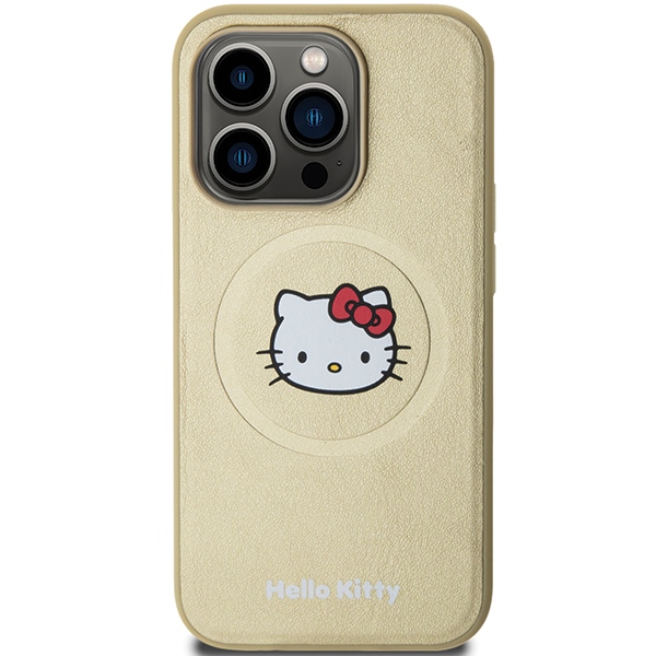 Hello Kitty dėklas iPhone 15 telefonui Leather Kitty Head MagSafe, auksinis
