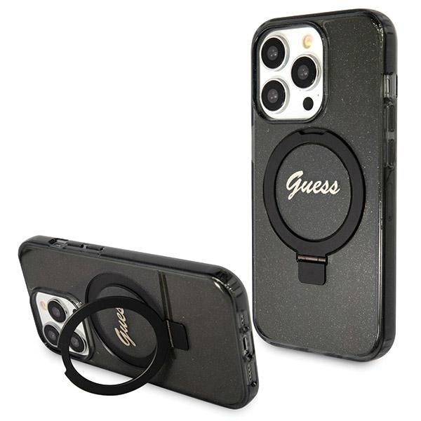 Guess iPhone 14 Pro dėklas Ring Stand Script Glitter MagSafe, juodas