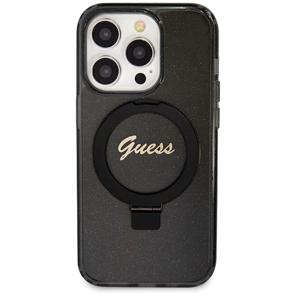 Guess iPhone 14 Pro dėklas Ring Stand Script Glitter MagSafe, juodas