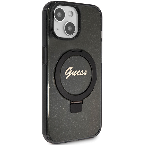 Guess Ring Stand Script Glitter MagSafe dėklas iPhone 13/14/15, juodas