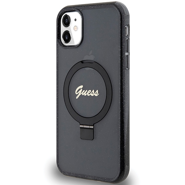 Guess Ring Stand Script Glitter MagSafe dėklas iPhone 11 / XR, juodas