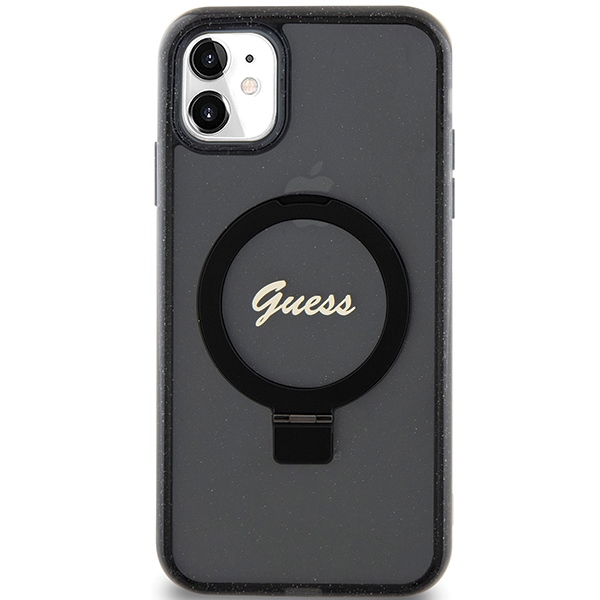 Guess Ring Stand Script Glitter MagSafe dėklas iPhone 11 / XR, juodas