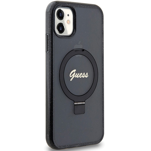 Guess Ring Stand Script Glitter MagSafe dėklas iPhone 11 / XR, juodas