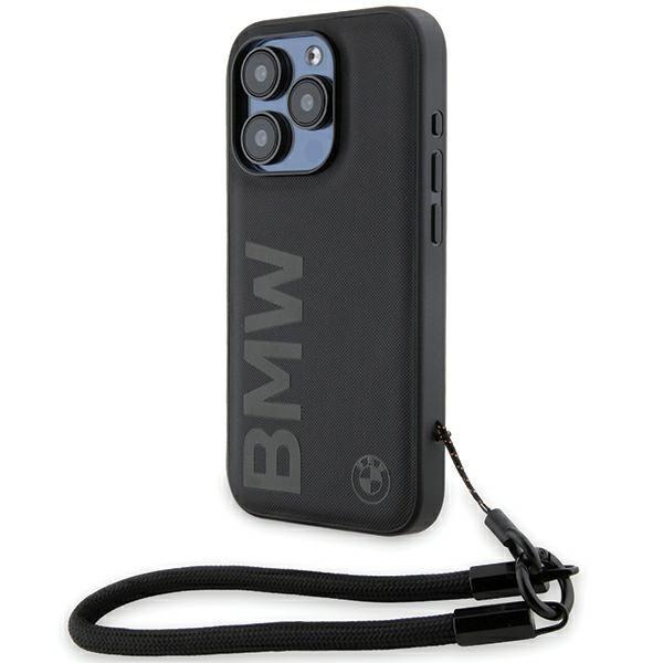 BMW Signature Leather Wordmark Cord dėklas, skirtas iPhone 15 Pro, juodas