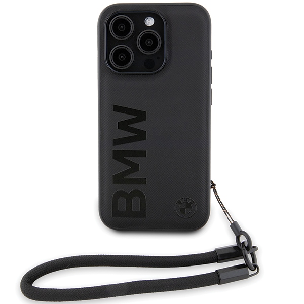 BMW Signature Leather Wordmark Cord dėklas, skirtas iPhone 15 Pro, juodas