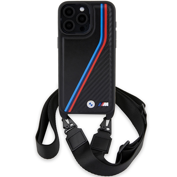 BMW iPhone 15 Pro Max Case M Edition Carbon Tricolor Lines & Strap, Black