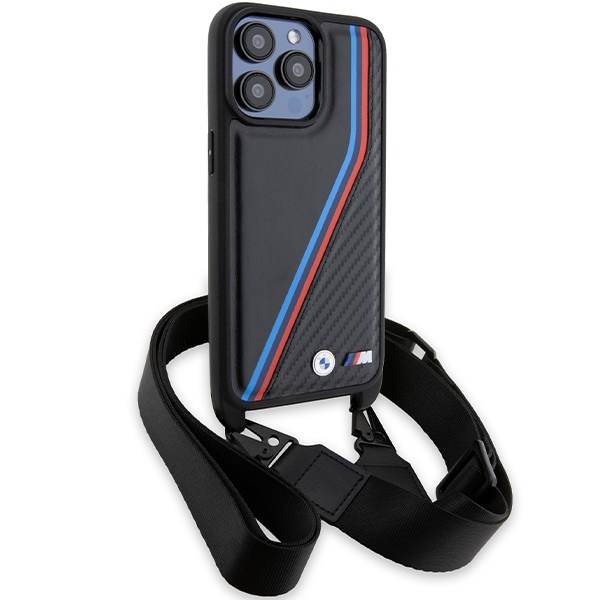 BMW iPhone 15 Pro Max Case M Edition Carbon Tricolor Lines & Strap, Black