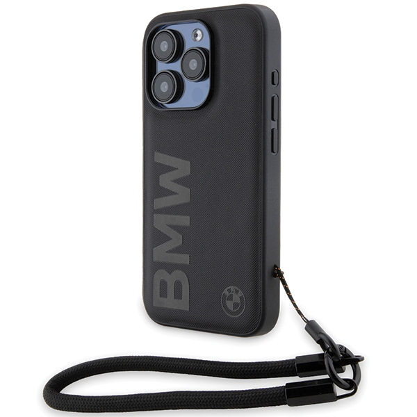 BMW iPhone 15 Pro Max dėklas Signature Leather Wordmark Cord, juodas