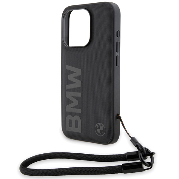 BMW iPhone 15 Pro Max dėklas Signature Leather Wordmark Cord, juodas