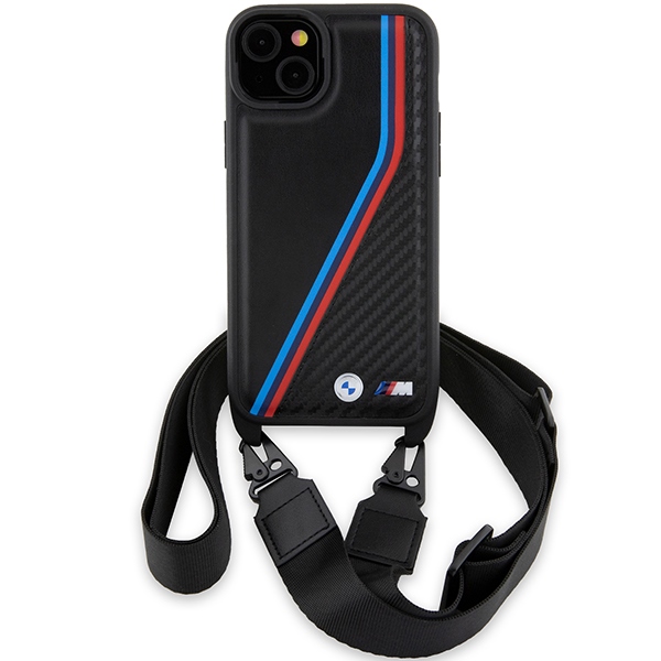 BMW iPhone 15 / 14 / 13 dėklas M Edition Carbon Tricolor Lines & Strap, juodas