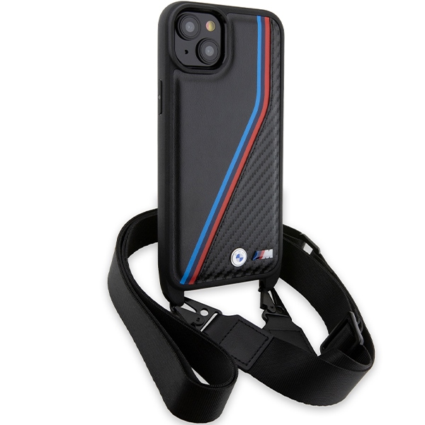 BMW iPhone 15 / 14 / 13 dėklas M Edition Carbon Tricolor Lines & Strap, juodas